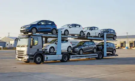 Car transporter loaded with vehicles in Gwent, United Kingdom