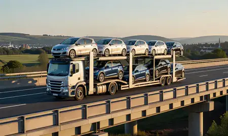 Car transporter with the Gwent, United Kingdom skyline behind it