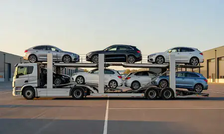Car transporter parked in an industrial area of Caerphilly, Gwent, United Kingdom