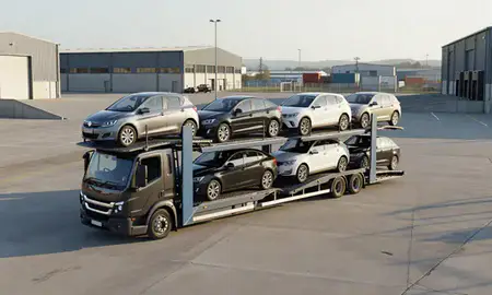 Car transporter loaded with vehicles in Caerphilly, Gwent, United Kingdom