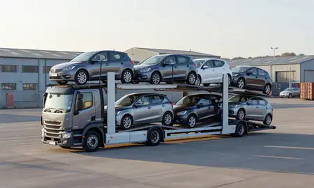 Car transporter loaded with vehicles in Newport, Gwent, United Kingdom