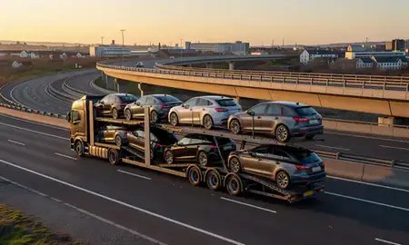 Car transporter with the Newport, Gwent, United Kingdom skyline behind it