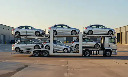 Car transporter parked in an industrial area of Hampshire, United Kingdom