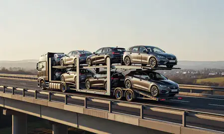 Car transporter with the Hampshire, United Kingdom skyline behind it