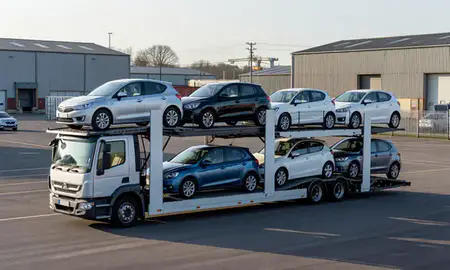 Car transporter loaded with vehicles in Aldershot, Hampshire, United Kingdom
