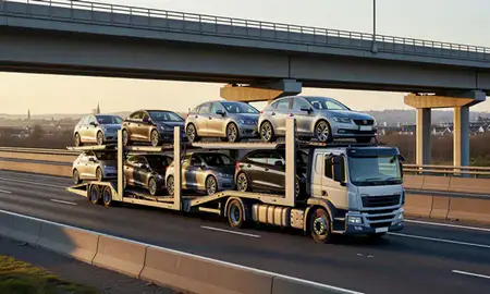 Car transporter with the Aldershot, Hampshire, United Kingdom skyline behind it