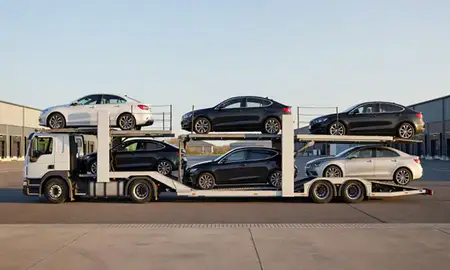 Car transporter parked in an industrial area of Andover, Hampshire, United Kingdom