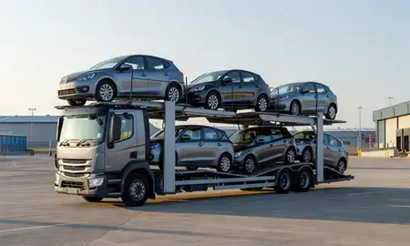 Car transporter loaded with vehicles in Andover, Hampshire, United Kingdom
