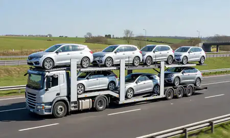 Multi-level car carrier on the motorway to Basingstoke, Hampshire, United Kingdom