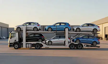 Car transporter parked in an industrial area of Basingstoke, Hampshire, United Kingdom