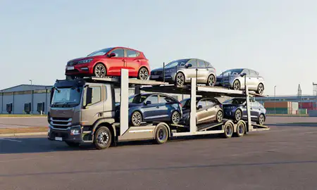 Car transporter loaded with vehicles in Basingstoke, Hampshire, United Kingdom