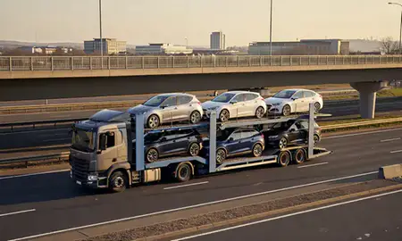 Car transporter with the Basingstoke, Hampshire, United Kingdom skyline behind it