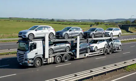 Multi-level car carrier on the motorway to Eastleigh, Hampshire, United Kingdom