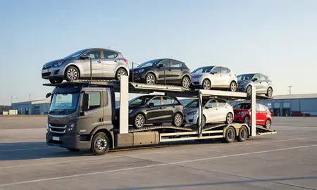 Car transporter loaded with vehicles in Eastleigh, Hampshire, United Kingdom