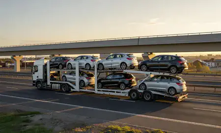Car transporter with the Eastleigh, Hampshire, United Kingdom skyline behind it