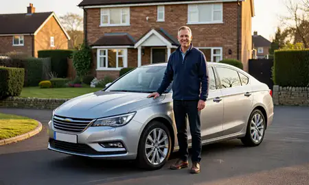 Customer with their delivered car in Fareham, Hampshire, United Kingdom
