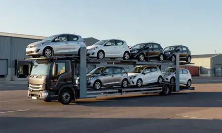 Car transporter loaded with vehicles in Fareham, Hampshire, United Kingdom
