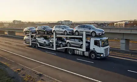 Car transporter with the Fareham, Hampshire, United Kingdom skyline behind it