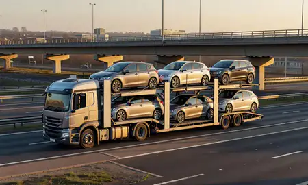 Car transporter with the Farnborough, Hampshire, United Kingdom skyline behind it