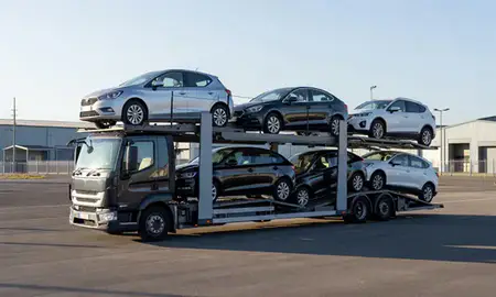 Car transporter loaded with vehicles in Fleet, Hampshire, United Kingdom