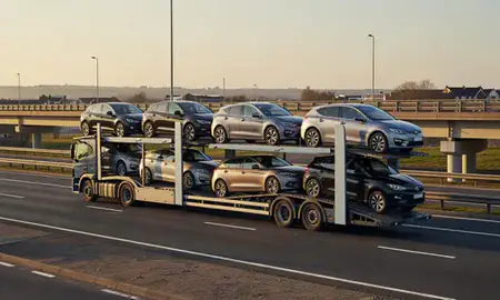 Car transporter with the Fleet, Hampshire, United Kingdom skyline behind it