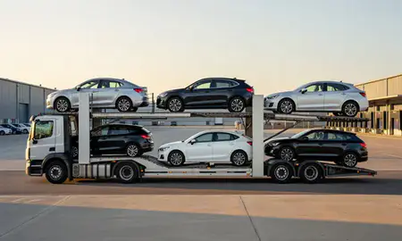 Car transporter parked in an industrial area of Gosport, Hampshire, United Kingdom
