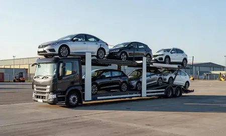 Car transporter loaded with vehicles in Gosport, Hampshire, United Kingdom