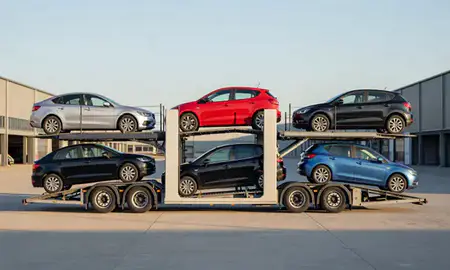 Car transporter parked in an industrial area of Havant, Hampshire, United Kingdom
