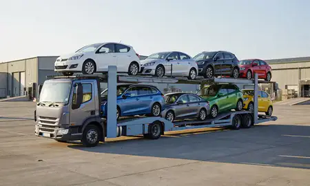 Car transporter loaded with vehicles in Havant, Hampshire, United Kingdom