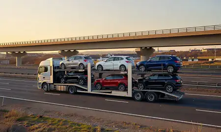 Car transporter with the Havant, Hampshire, United Kingdom skyline behind it