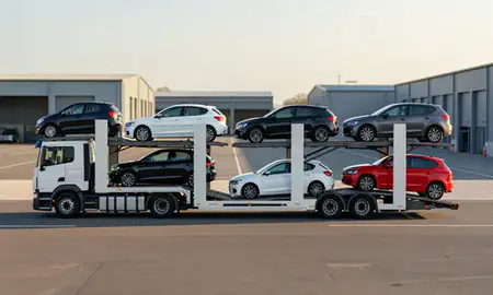 Car transporter parked in an industrial area of Horndean, Hampshire, United Kingdom