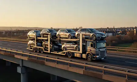 Car transporter with the Horndean, Hampshire, United Kingdom skyline behind it