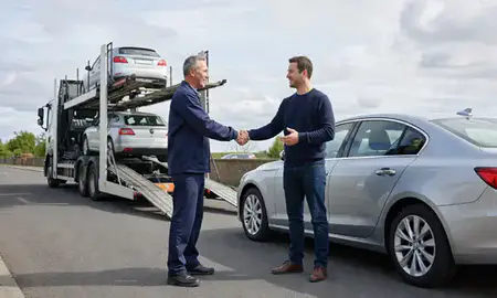 Vehicle owner beside their delivered car in Portsmouth, Hampshire, United Kingdom