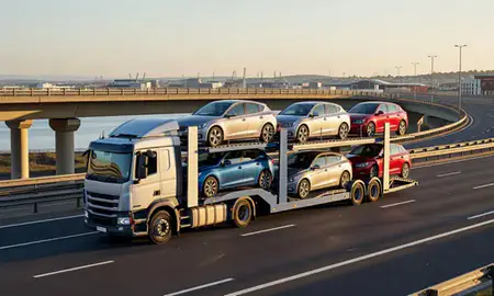 Car transporter with the Portsmouth, Hampshire, United Kingdom skyline behind it