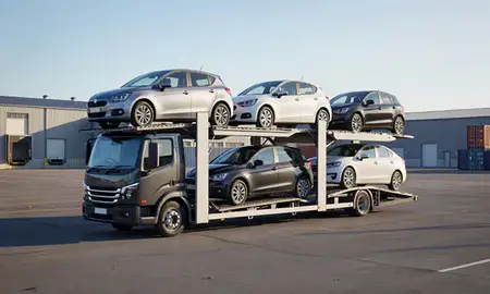 Car transporter loaded with vehicles in Southampton, Hampshire, United Kingdom