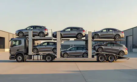 Car transporter parked in an industrial area of Winchester, Hampshire, United Kingdom