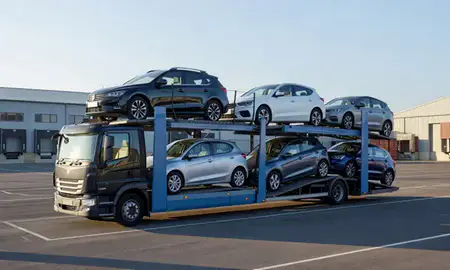 Car transporter loaded with vehicles in Winchester, Hampshire, United Kingdom