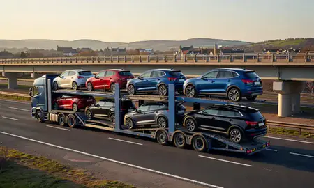 Car transporter with the Winchester, Hampshire, United Kingdom skyline behind it