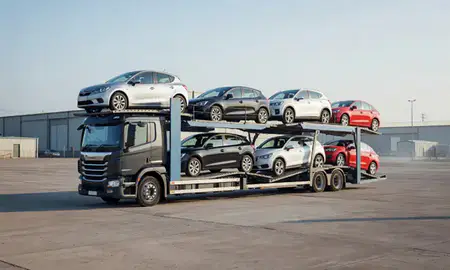 Car transporter loaded with vehicles in Herefordshire, United Kingdom