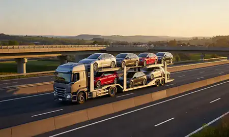 Car transporter with the Herefordshire, United Kingdom skyline behind it