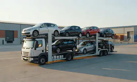 Car transporter loaded with vehicles in Hereford, Herefordshire, United Kingdom