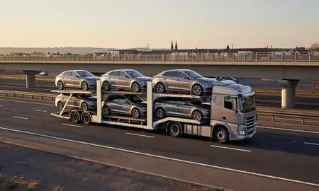 Car transporter with the Hereford, Herefordshire, United Kingdom skyline behind it