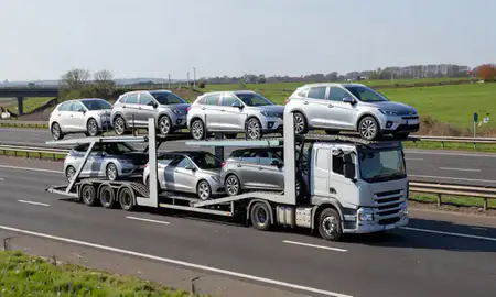 Multi-level car carrier on the motorway to Hertfordshire, United Kingdom