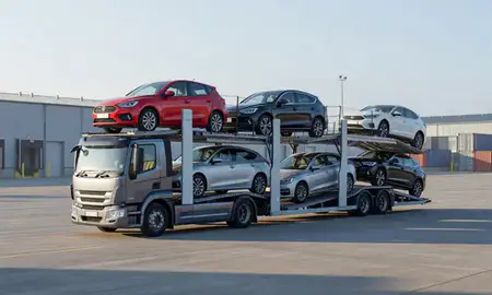 Car transporter loaded with vehicles in Hertfordshire, United Kingdom