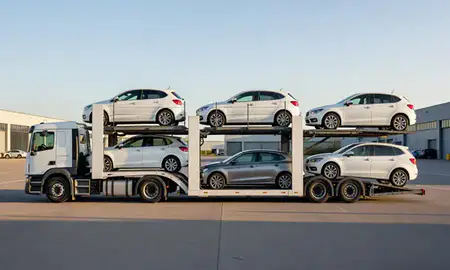 Car transporter parked in an industrial area of Bishop's Stortford, Hertfordshire, United Kingdom