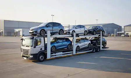 Car transporter loaded with vehicles in Bishop's Stortford, Hertfordshire, United Kingdom