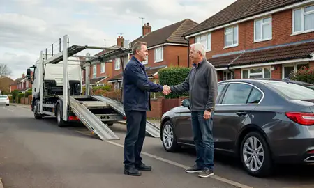 Vehicle owner beside their delivered car in Borehamwood, Hertfordshire, United Kingdom