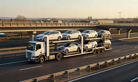Car transporter with the Cheshunt, Hertfordshire, United Kingdom skyline behind it