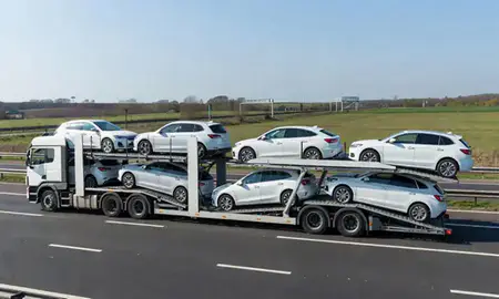 Multi-level car carrier on the motorway to Hatfield, Hertfordshire, United Kingdom