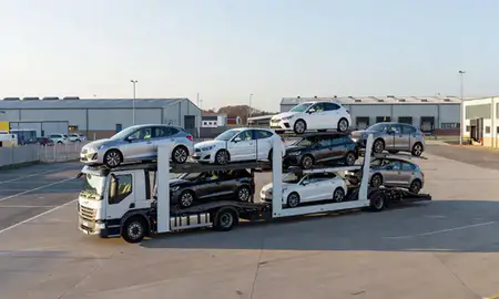 Car transporter loaded with vehicles in Hatfield, Hertfordshire, United Kingdom